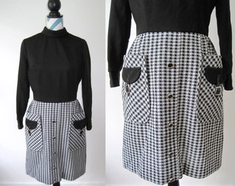 Vintage Long Sleeved Dress Black and White - Menswear Inspired Plaid - Patent Leather Details- Mr Mench for Laura of Dallas