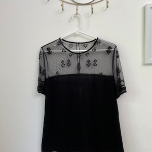 Vintage Silk Beaded Top Sheer Mesh Chiffon Blouse Medium Large