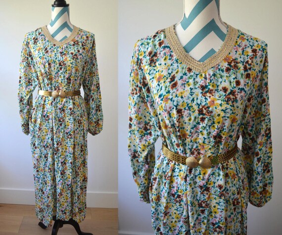 1970s Bohemian Gypsy Goddess Cotton Jersey Floral… - image 1