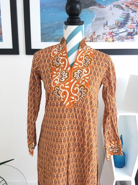 Vintage 1970s Caftan Tunic Indian Ethnic Dress Br… - image 3