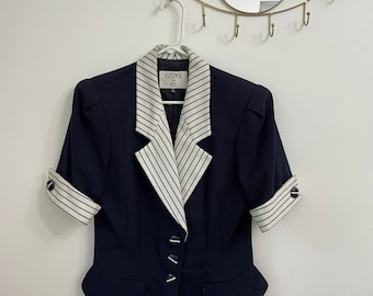 Vintage 80s Striped Nautical Navy Button Down Blouse by Kasper Size 8