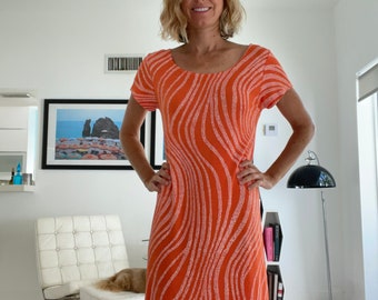 70s Orange Stretch Shift Dress Body Con with Swirls Abstract Size XL