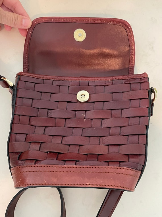 70s Leather Basket Woven Crossbody Brown Bag Gem