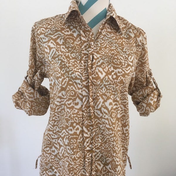 Vintage DVF Diane Von Furstenberg Shirt Dress Resort Summer Beach Cover Up Button Down Tan Ikat Camel Neutral Medium Safari Dress