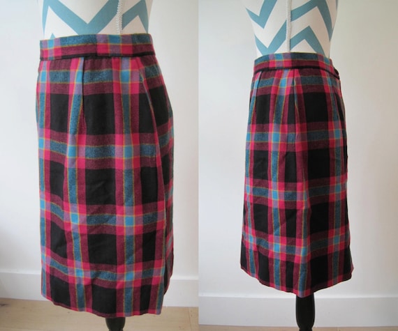 Vintage 1950s Plaid Skirt - Pencil skirt Hot Pink… - image 5