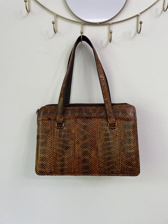 Vintage Snakeskin Brown Leather Bag with Top Handl