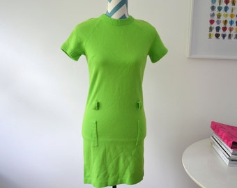 Vintage 1960s Lime Green Mod Shift Dress - Mini Dress Neon Green - XS Extra Small - Sweater Dress Knit