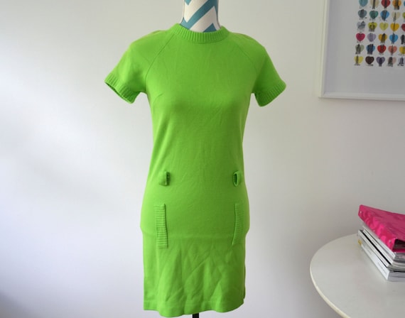 Vintage 1960s Lime Green Mod Shift Dress - Mini Dress Neon Green - XS Extra Small - Sweater Dress Knit