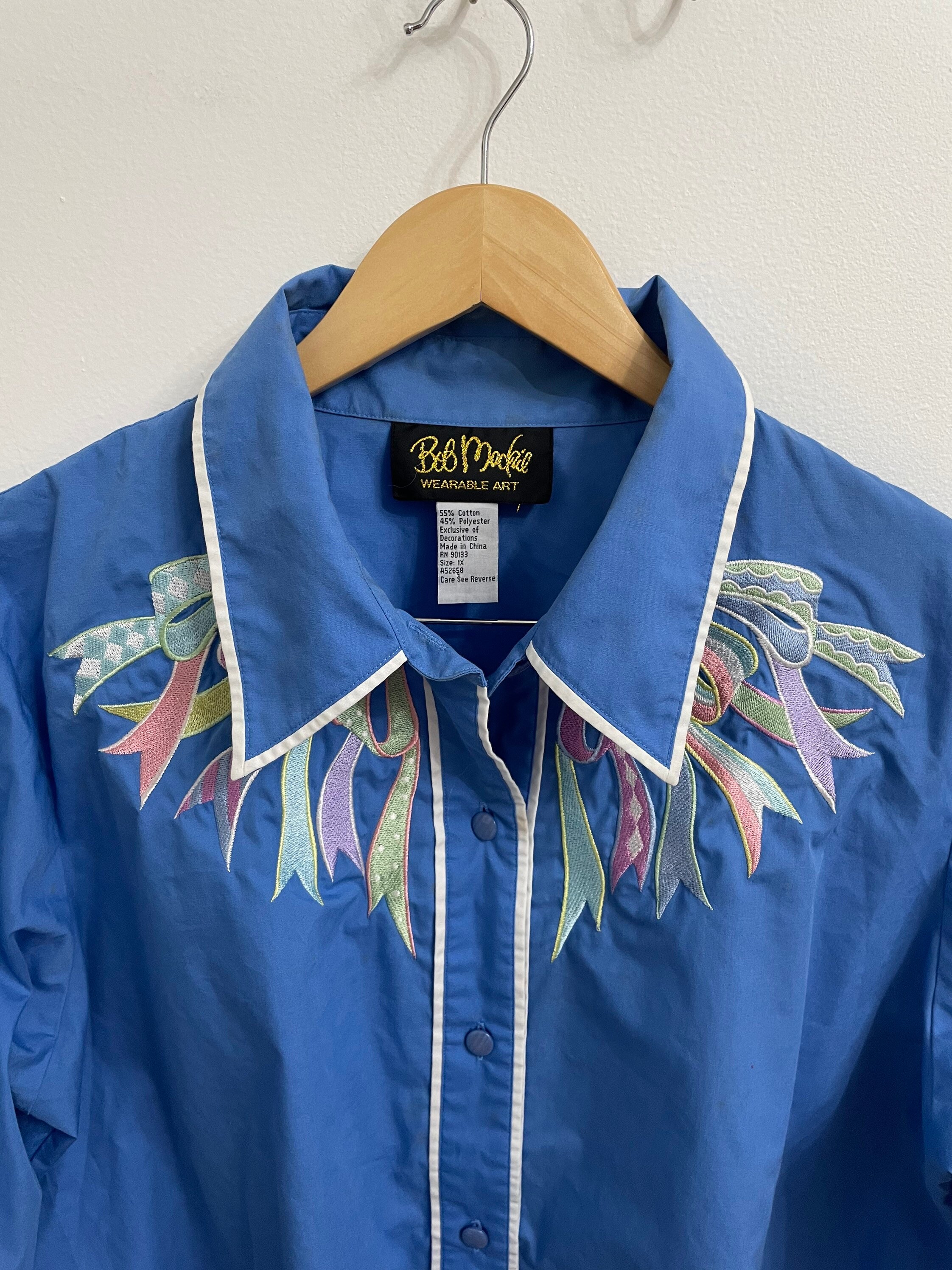 Vintage Bob Mackie Wearable Art Ribbon Bow Blue Blouse 1x