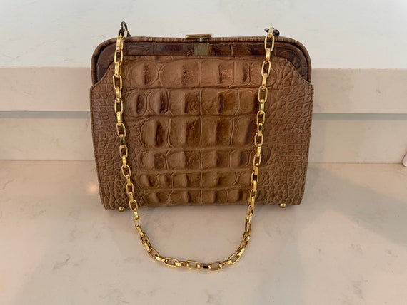50s Brown Alligator Print Purse with Gold Chain S… - image 1