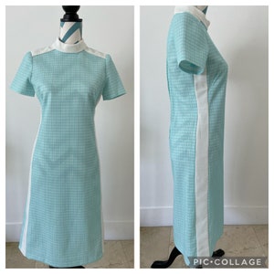 60s Mod Space Age Sporty Aqua Textured Knit Dress with White Stripe Details Small