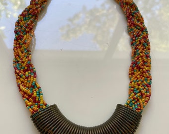 Vintage Braided Bead Necklace with Brass Orange Red Turquoise