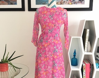 Pink Floral Vintage Long Sleeve Dress Crinkle Chiffon 1990s Special Occasion Dress