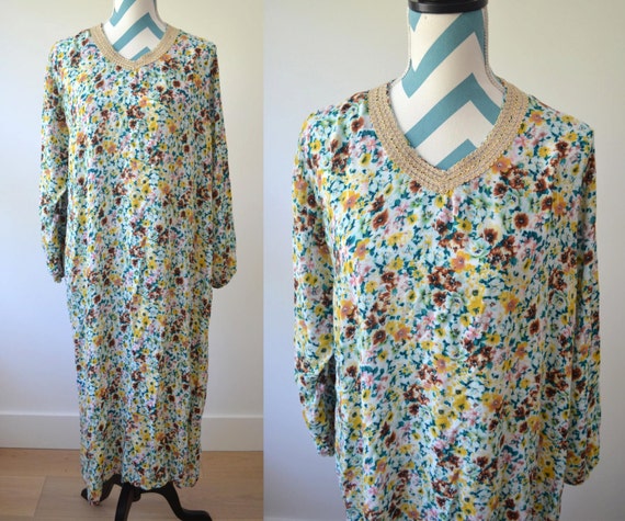 1970s Bohemian Gypsy Goddess Cotton Jersey Floral… - image 2