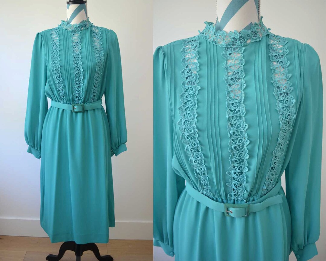 Vintage 70s Turquoise Long Sleeved Dress With Lace Crochet - Etsy