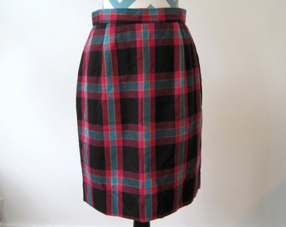 Vintage 1950s Plaid Skirt - Pencil skirt Hot Pink… - image 1