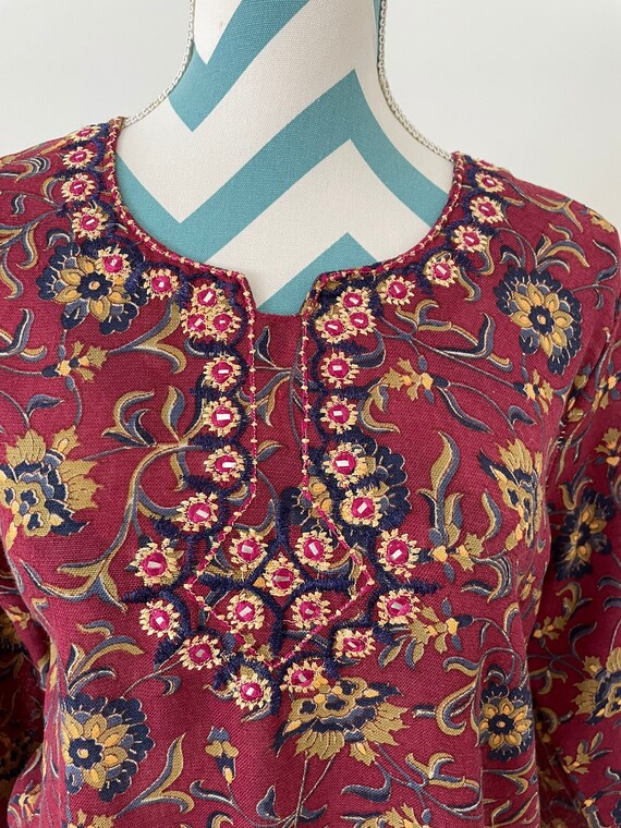Vtg Embroidered Tunic with Block Print Floral Pri… - image 2
