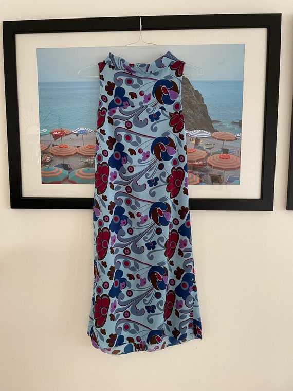 60s Psychedelic Blue Floral Print Summer Dress wi… - image 1