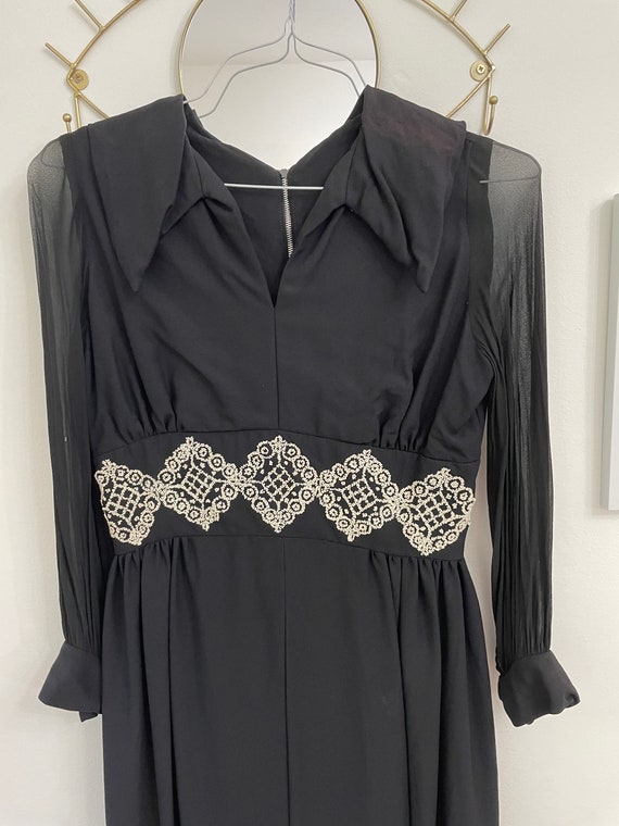 70s Black Chiffon Long Sleeved Beaded Maxi Dress … - image 7