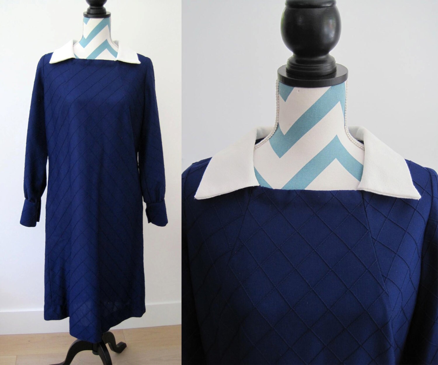 Vintage 1960s Nautical Mod Shift Dress With Sailor Collar - Navy