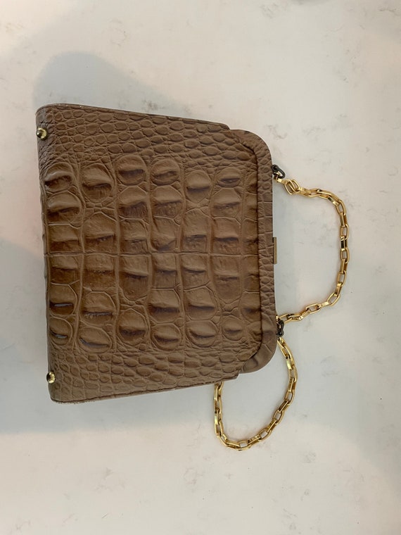 50s Brown Alligator Print Purse with Gold Chain S… - image 7