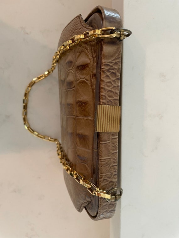 50s Brown Alligator Print Purse with Gold Chain S… - image 9