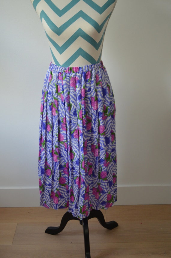 Vintage Floral Pleated Skirt - Pink ulips with Pu… - image 5