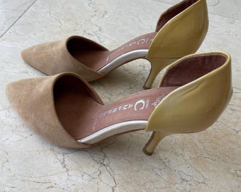 Zapatos de tacón Jeffrey Campbell California Dorsey color tostado, ante y charol amarillo, talla 7