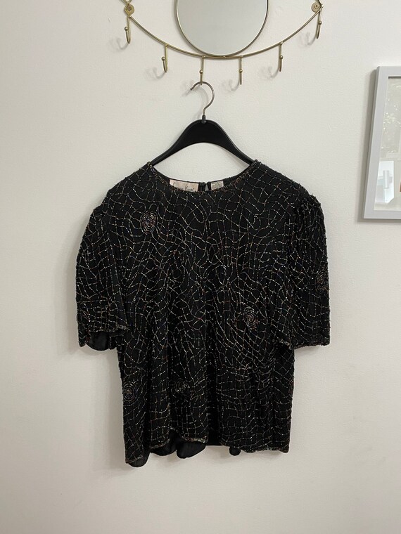 Vtg Laurence Kazar Beaded Silk 80s Top Black Mult… - image 1