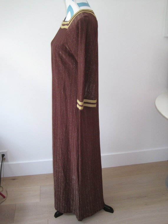 Vintage 70s Caftan Maxi Dress Brown Gold Trim Met… - image 4