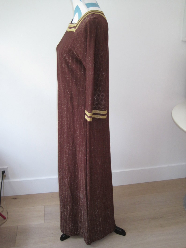 Vintage 70s Caftan Maxi Dress Brown Gold Trim Metallic Thread Lamé Goddess Hippie Gypsy Small image 4