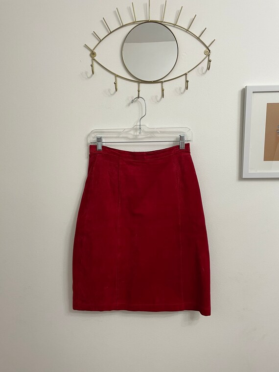 Adalicia - Ruffle Front Geranium Red Pencil Skirt