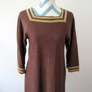 Vintage 70s Caftan Maxi Dress Brown Gold Trim Metallic Thread Lamé Goddess Hippie Gypsy Small image 1