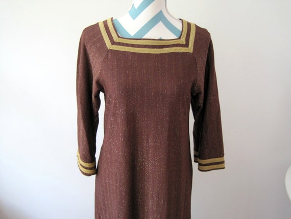 Vintage 70s Caftan Maxi Dress Brown Gold Trim Met… - image 1