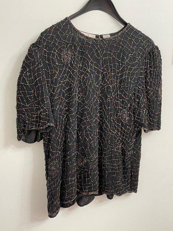 Vtg Laurence Kazar Beaded Silk 80s Top Black Mult… - image 5