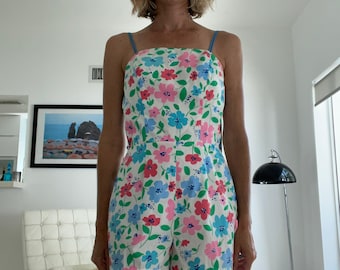 Traje de baño de los años 60 Floral Romper Pop Print Rosa Blanco Azul Pequeño