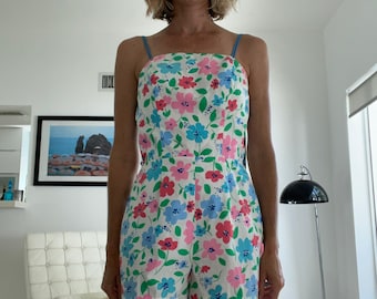 60s Bathing Suit Floral Romper Pop Print Pink White Blue Small