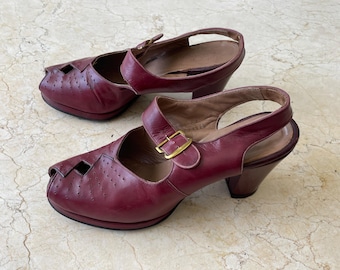 Zapatos de tacón de cuero rojo burdeos estilo vintage de Nordstrom de la década de 1940, con puntera abierta, talla 6.