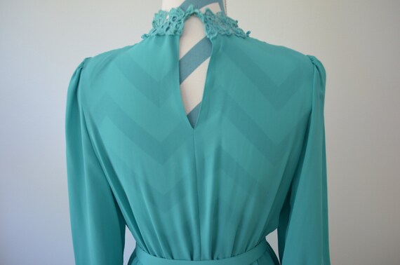 Vintage 70s Turquoise Long Sleeved Dress with Lac… - image 2