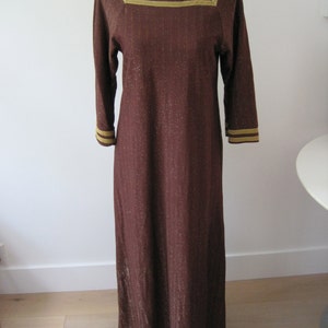 Vintage 70s Caftan Maxi Dress Brown Gold Trim Metallic Thread Lamé Goddess Hippie Gypsy Small image 5