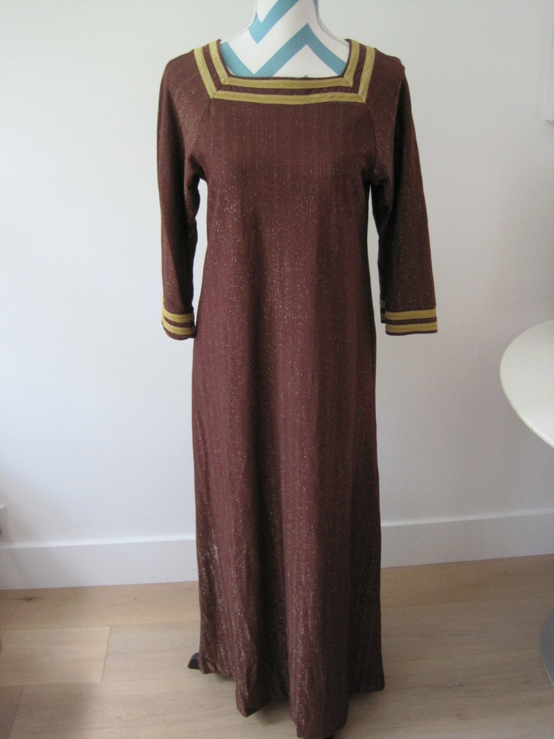 Vintage 70s Caftan Maxi Dress Brown Gold Trim Metallic Thread Lamé Goddess Hippie Gypsy Small image 5
