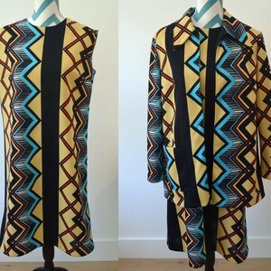 Vintage 1960s Dress Jacket Set - Sleeveless Shift Dress and Long Jacket Suit Printed Chevron Geometric Pattern in Yellow Black & Blue Large