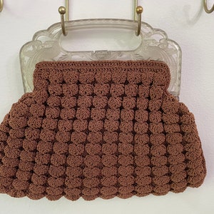 70s Crochet Purse with Lucite Bird Etched Top Handle