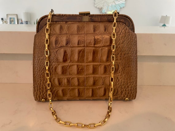 50s Brown Alligator Print Purse with Gold Chain S… - image 3