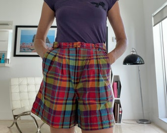 Vintage 90s Madras Plaid Voluminous Shorts Small