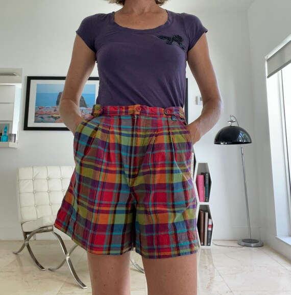 Vintage 90s Madras Plaid Voluminous Shorts Small