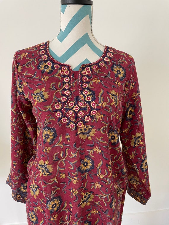 Vtg Embroidered Tunic with Block Print Floral Pri… - image 3