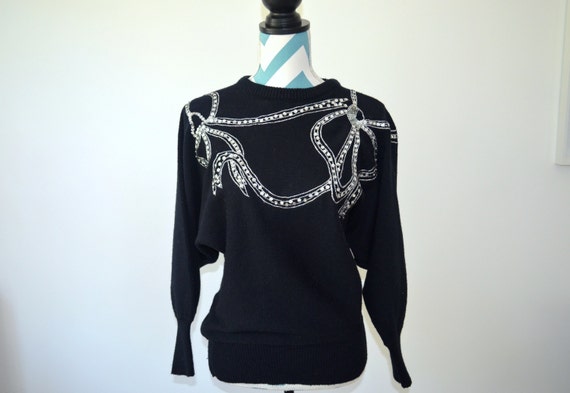 Vintage Beaded Sweater - 1970s Black Acrylic Wome… - image 1