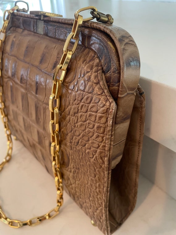 50s Brown Alligator Print Purse with Gold Chain S… - image 6