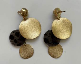 80s Leopard and Brushed Gold Dangle Earrings Statement Jewelry